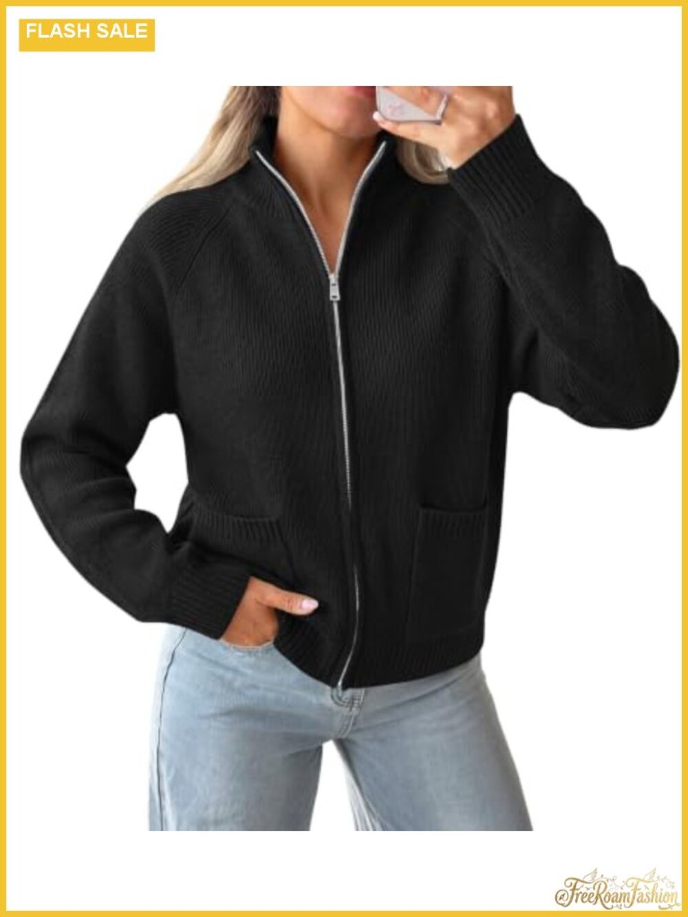 Chunky Ribbed Knit Zip Up Cardigan with Pockets Loose Fit